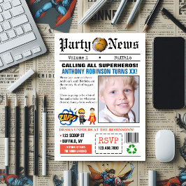 Newspaper Superhero Birthday Party Foto Einladung