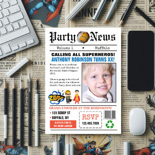 Newspaper Superhero Birthday Party Foto Einladung
