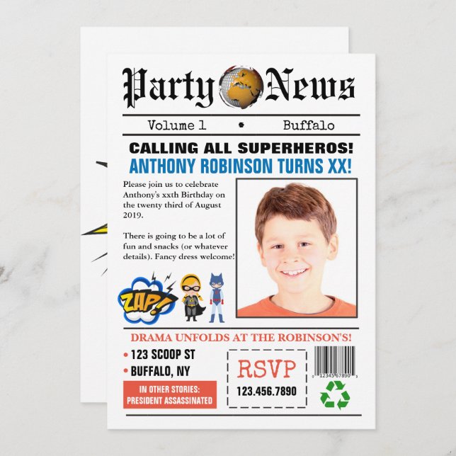Newspaper Superhero Birthday Party Foto Einladung (Vorne/Hinten)
