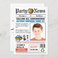 Newspaper Superhero Birthday Party Foto Einladung