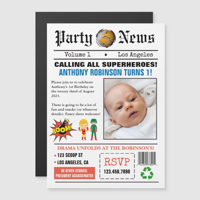 Newspaper Superhero Birthday Party Foto Magneteinladung (Vorne/Hinten)