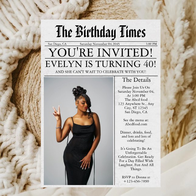 Newspaper Unique Fun Foto 40. Geburtstag Party Einladung (Von Creator hochgeladen)