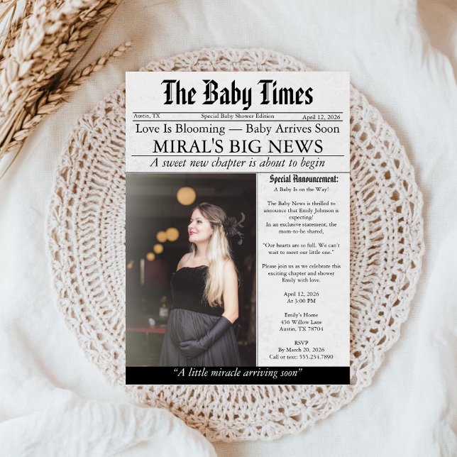 Newspaper Unique Fun Photo aesthetic Baby Shower Einladung (Von Creator hochgeladen)
