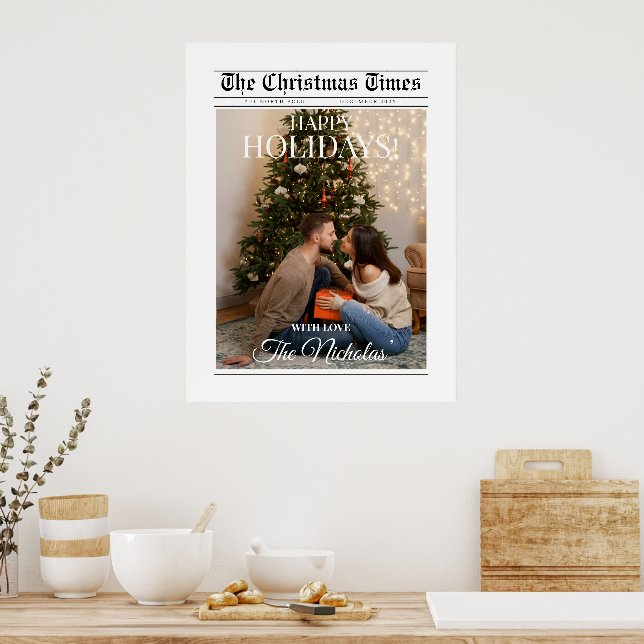 Newspaper What A Year Black White Photo Christmas Poster (Küche)