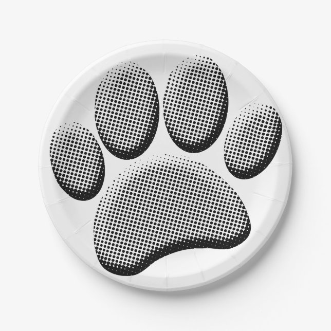 Newsprint Halftones Cartoon Dog Paw Prints Pappteller (Vorderseite)