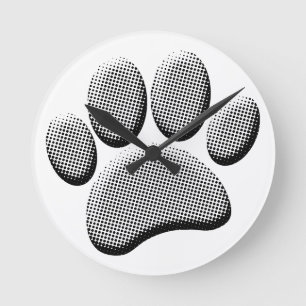 Newsprint Halftones Cartoon Dog Paw Prints Runde Wanduhr