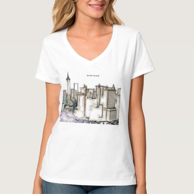 Newyork City Zeichnend Schwarz-Weiß-Skyline T-Shirt (Vorderseite)
