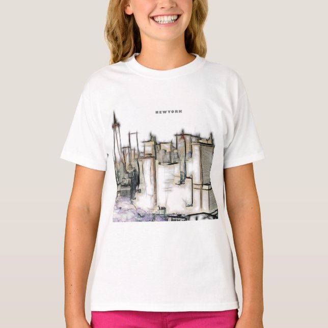 Newyork City Zeichnend Schwarz-Weiß-Skyline T-Shirt (Vorderseite)