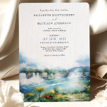 Niagara Falls Cascade Canada Wedding Einladung<br><div class="desc">Entdecken Sie die Pracht Ihres besonderen Tages mit der 'Niagara Falls Cascade Save the Date Wedding Invitation'. Diese Einladung ist ein Meisterwerk der Natur, das den kräftigen Ansturm der Niagarafälle in einem zarten Aquarellstil einnimmt. Die Karte überschwemmt mit einer Palette ruhiger Blues, von Cerulean bis Marine, vermischt mit sanften Weißen...</div>