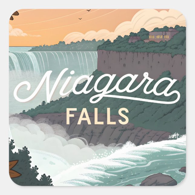 Niagara Falls Retro Vintage Poster Illustration Quadratischer Aufkleber (Vorderseite)