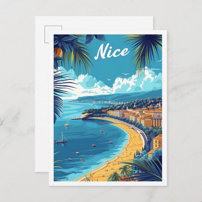Nice France Vintag Art Travel Illustration Postkarte (Vorne/Hinten)