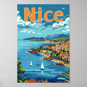 Nice France Vintag Retro Travel Illustration Poster