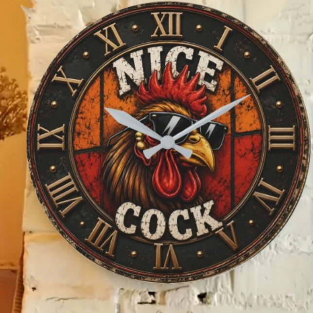 Nice Funny Rooster Cool Chicken with Sunglasses Große Wanduhr (Von Creator hochgeladen)