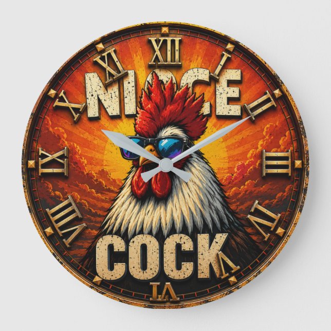 Nice Funny Rooster  Rustic Farmhouse Chicken  Große Wanduhr (Vorderseite)