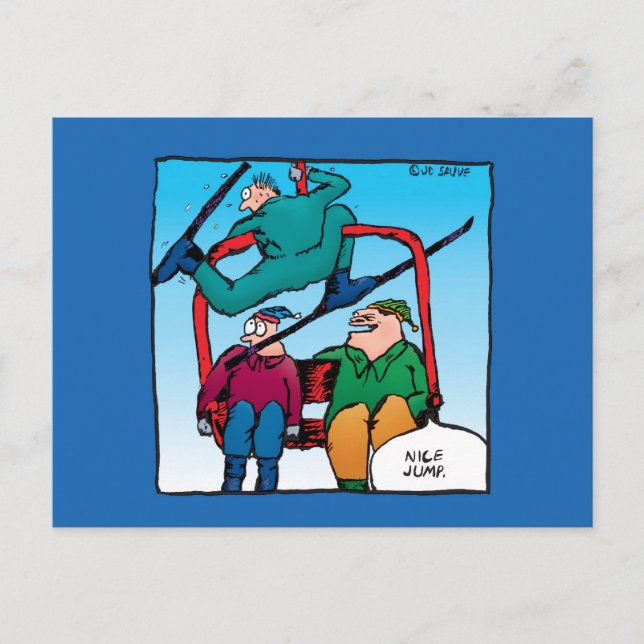 Nice Jump Cartoon Skiers Postkarte (Vorderseite)