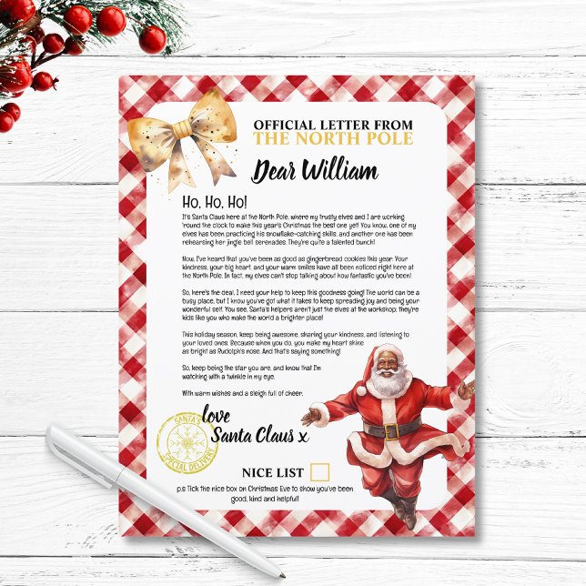 Nice List Letter of Santa Kids Name Holidays (Nice List Letter To Santa for Kids Name Holidays  personalized christmas magic vintage red gold fun)