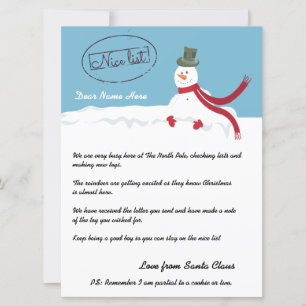 Nice List Snowman Letter of Santa Personalisiert Feiertagskarte