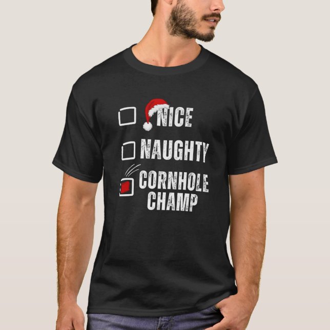 Nice Naughty Cornhole Champ Christmas Santa Claus  T-Shirt (Vorderseite)