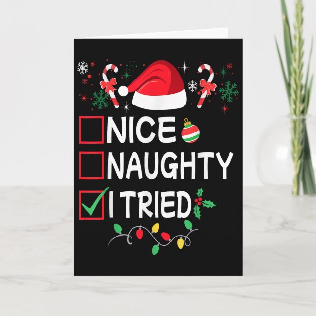 Nice Naughty I Tried Funny Christmas List Pajama F Karte (Vorderseite)