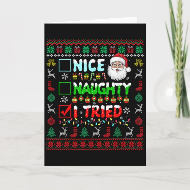 Nice Naughty I Tried Funny List Santa Face Christm Karte (Vorderseite)