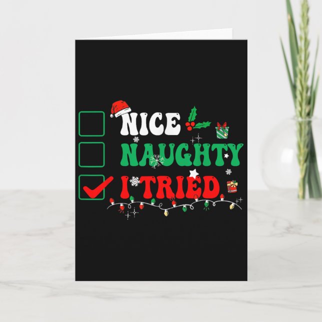 Nice Naughty I Tried Matching Christmas Funny Fami Karte (Vorderseite)