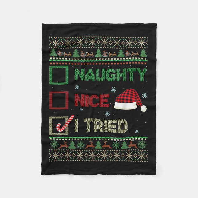Nice Naughty I Tried Ugly Sweater Red Plaid Christ Fleecedecke (Vorderseite)