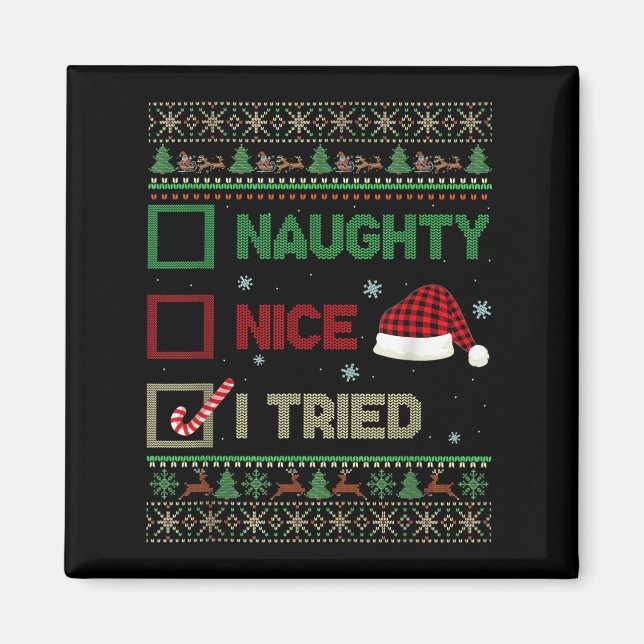 Nice Naughty I Tried Ugly Sweater Red Plaid Christ Magnet (Vorne)