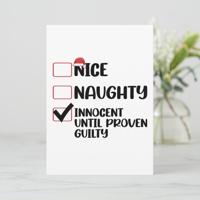 Nice Naughty Innocent bis Proven Guilty Christma Einladung (Stehend Vorderseite)