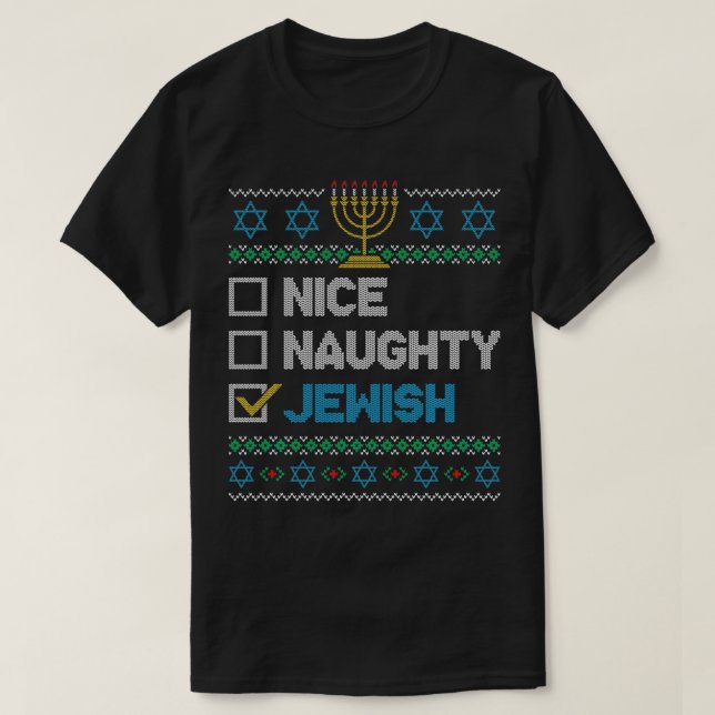 Nice Naughty Jewish Ugly Christmas Sweater Funny H T-Shirt (Design vorne)