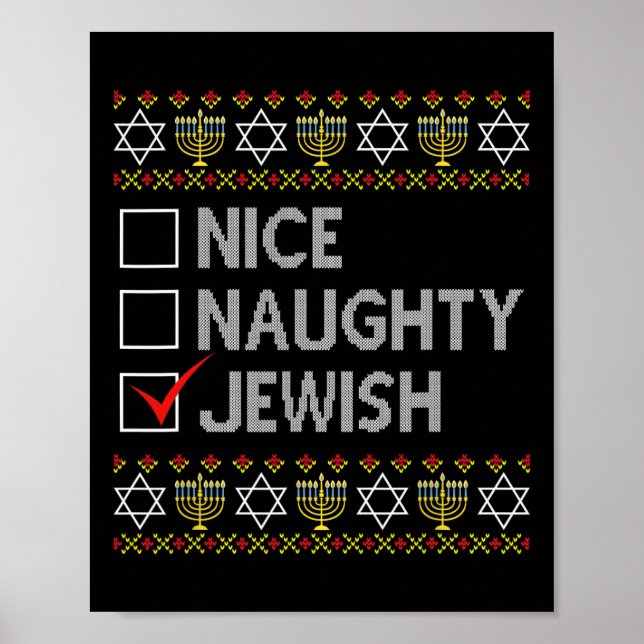 Nice Naughty jüdischen Ugly Hanukkah Sweater Funny Poster (Vorne)