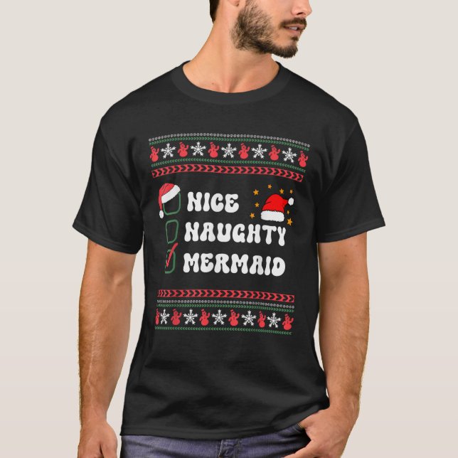 Nice Naughty Mermaid Christmas List Santa Hat  T-Shirt (Vorderseite)