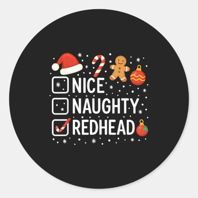Nice Naughty Redhead Funny Christmas Quote  Runder Aufkleber (Vorderseite)