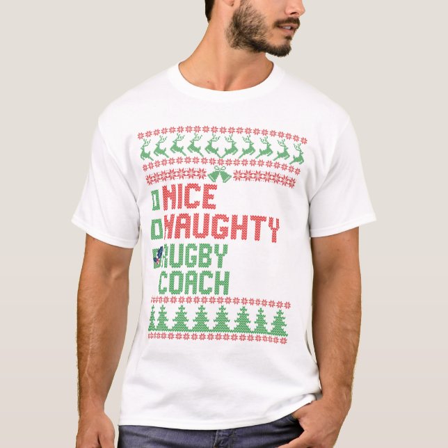 Nice Naughty Rugby Coach Funny Christmas Matching T-Shirt (Vorderseite)