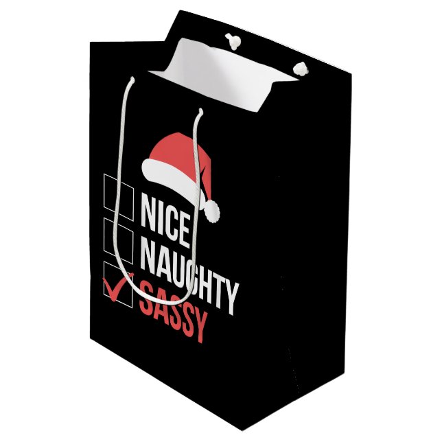 Nice Naughty Sassy Weihnachtsliste Mittlere Geschenktüte (Vorderseite Schrägansicht)