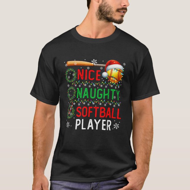 Nice Naughty Softball Player Christmas Sports Love T-Shirt (Vorderseite)