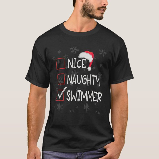 Nice Naughty Swimmer Swimming List Christmas Santa T-Shirt (Vorderseite)