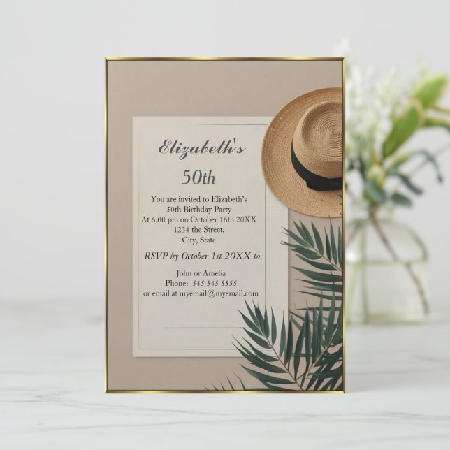 Nice Summertime hat 50th Birthday Party cream  Einladung (Stehend Vorderseite)