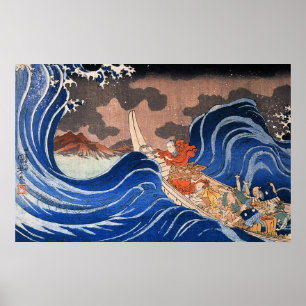 Nichiren beruhigt einen Sturm in Kakuda, Kuniyoshi Poster