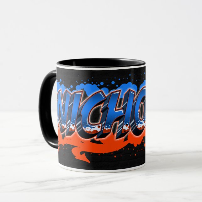 Nicholas Vorname Name Graffiti blue orange Tasse (Vorderseite Links)