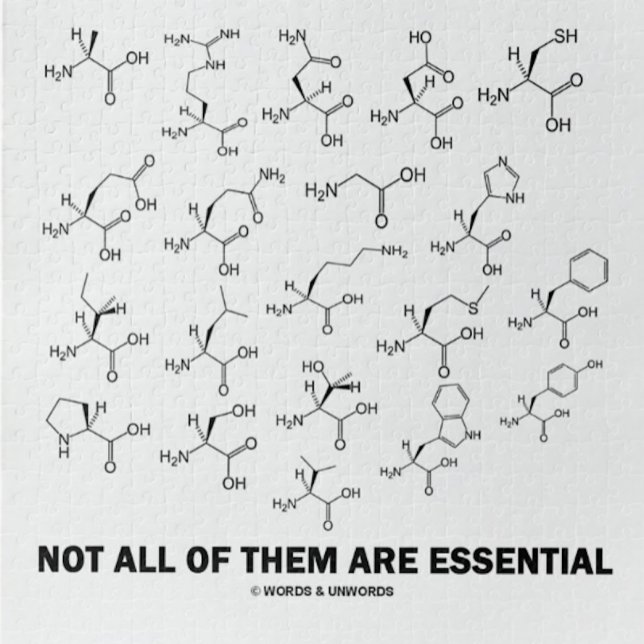 Nicht alle sind wesentlich (20 Aminosäuren) Puzzle (Jigsaw puzzle for any biochemist w/ 20 amino acids & caption "Not All Of Them Are Essential")