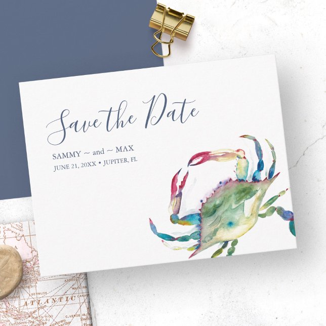 Nicht-Foto-Hochzeit speichern Sie das Datum der Ei Save The Date (Destination wedding save the date invitations feature a watercolor blue crab by Victoria Grigaliunas)