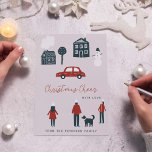 Nicht-Foto Weihnachtsfamilie Feiertagskarte<br><div class="desc">Niedlich minimalistische Familie kein Foto saisonale Winterurlaub Karte in skandinavischem Stil mit "Weihnachtsjubiläum" Typografie Skript,  handgezeichnete Menschen,  Häuser und Bäume,  ein Schneemann und ein rotes Auto.           Einfach mit Ihrem Text und Namen personalisieren!</div>
