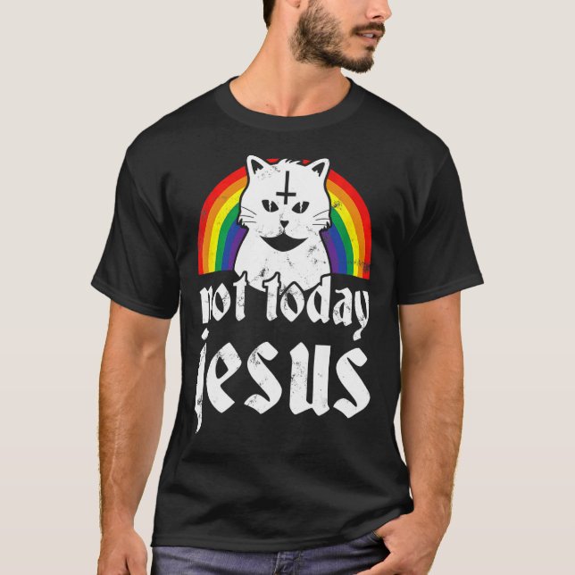 Nicht heute Jesus Rainbow Satanic Cat Goth Konzert T-Shirt (Vorderseite)