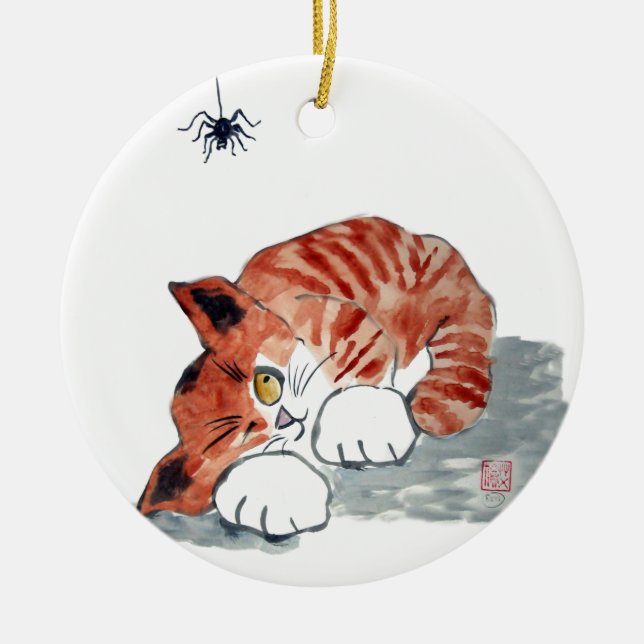 Nicht so Itsy Bitsy Spinne und Tiger-Miezekatze Keramikornament (Vorne)