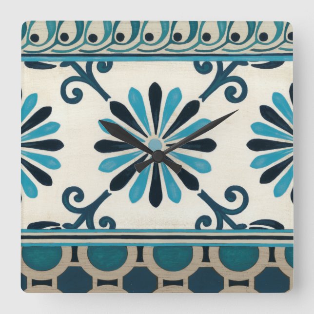 Nicht-Verschönertes Indigo-Fries II Quadratische Wanduhr (Vorderseite)