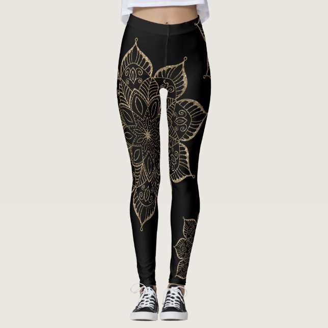 Nicht zentrierte Gold Imitats Glitzer Mandalas auf Leggings (Vorderseite)