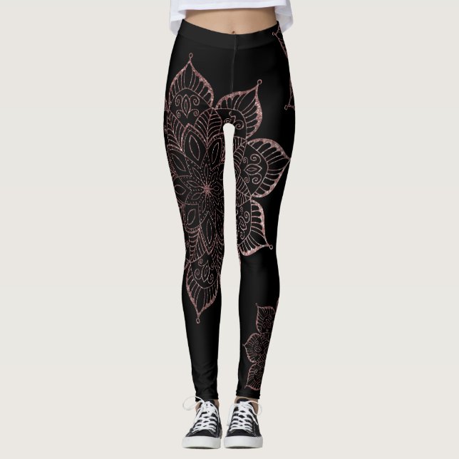 Nicht zentrierte Rose Gold Imitat Glitzer Mandalas Leggings (Vorderseite)