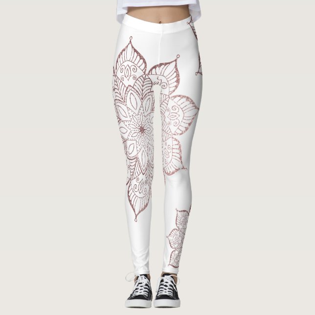 Nicht zentrierte Rose Gold Imitat Glitzer Mandalas Leggings (Vorderseite)