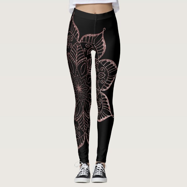 Nicht zentrierte Rose Gold Imitate Glitzer Mandala Leggings (Vorderseite)