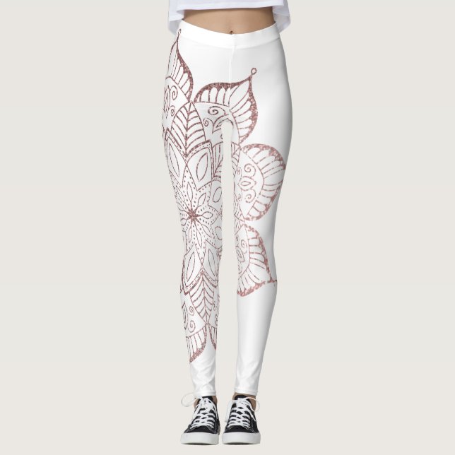 Nicht zentrierte Rose Gold Imitate Glitzer Mandala Leggings (Vorderseite)